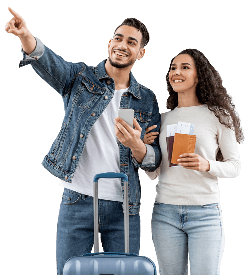 Travelling couple holding passports and tickets
