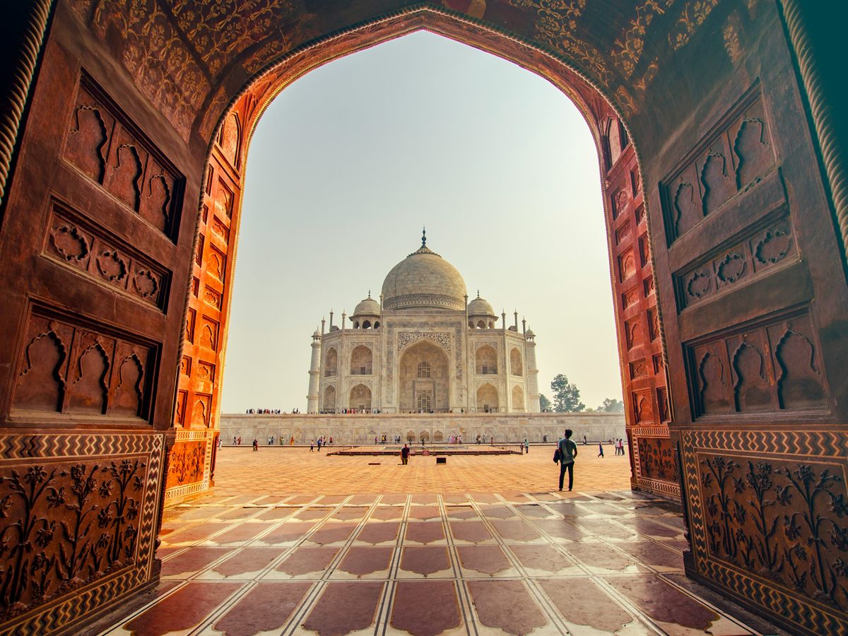 The Taj Mahal framed by the great gate at Agra