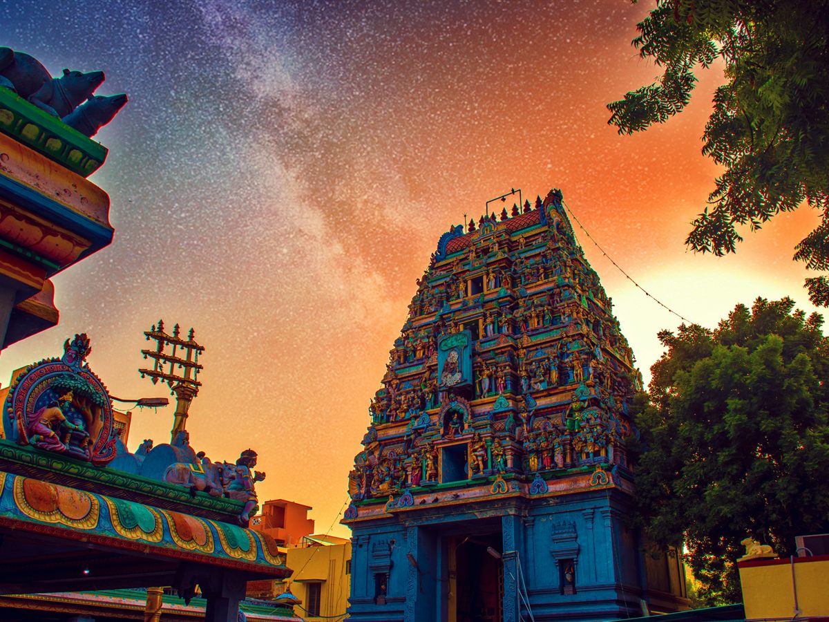A South Indian temple gopuram at sunset